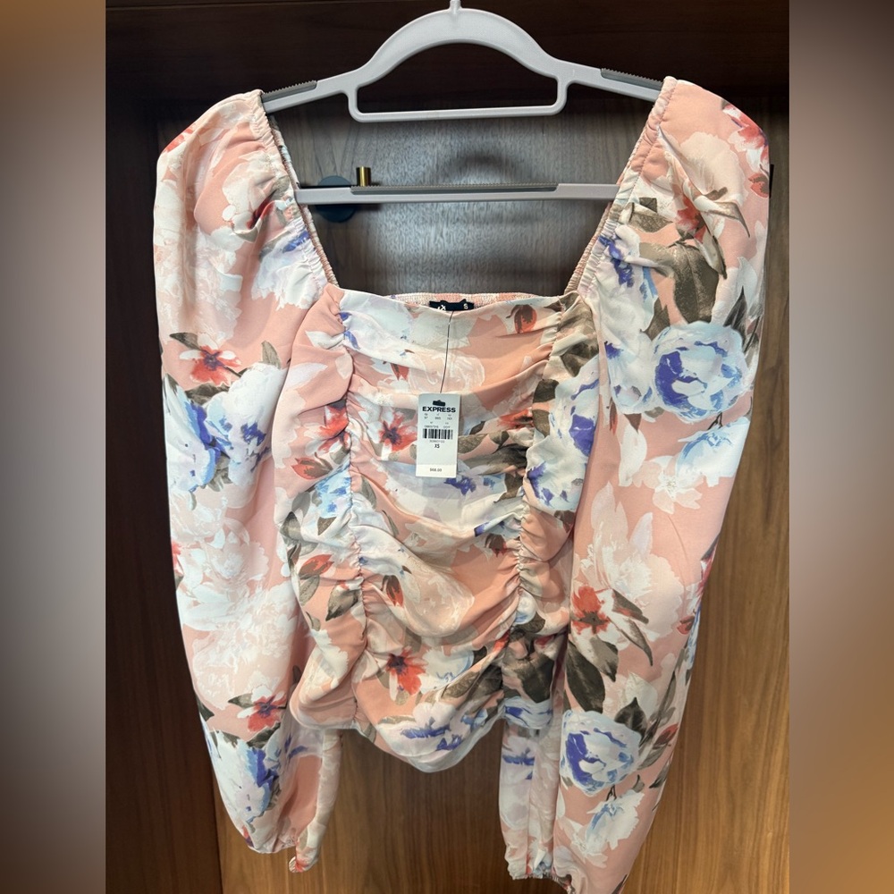 Express Floral Puff Sleeve Blouse - Pink and Blue